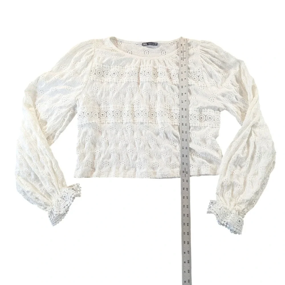 Zara White Eyelet Lace Crochet Boho Balloon‎ Sleeve Blouse Large